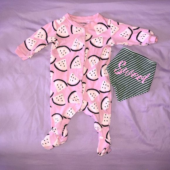 BABY GIRL PINK WATERMELON SLEEPER 3 MONTHS W/ BIB - Picture 1 of 4